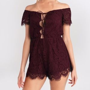 Tobi Off Shoulder Lace Up Romper - Merlot